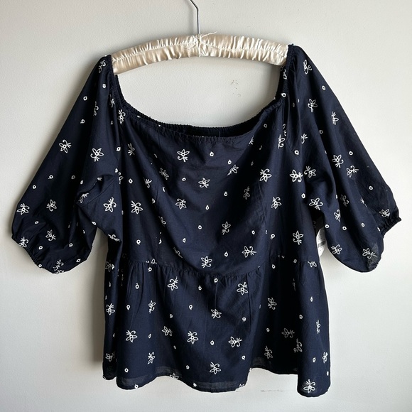 Lane Bryant Tops - LANE BRYANT Off Shoulder Peplum Blouse Top Navy Blue White Embroidered Size 24
